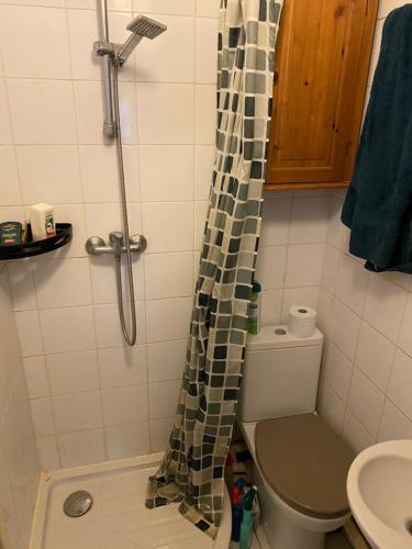 La salle de bains est pourvue d'une douche et de toilettes. dans l'établissement Studio confortable Paris, à Paris