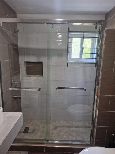 a shower with a glass door in a bathroom at Amharic in Kingston