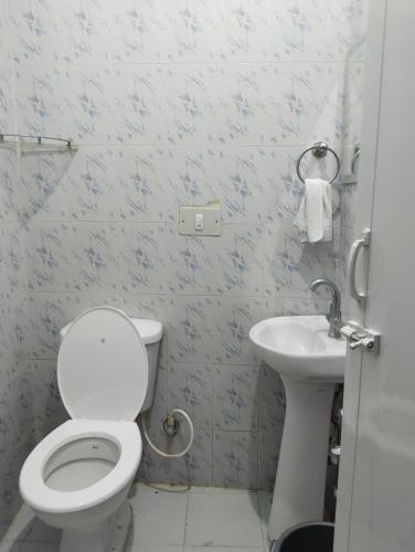 a bathroom with a toilet and a sink at Srinilayam in Mysore