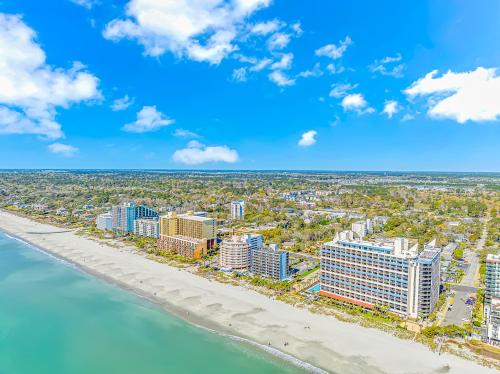 an aerial view of the beach and buildings at Couples Retreat 409 in Myrtle Beach