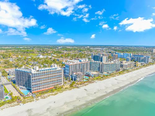 an aerial view of the beach and buildings at Couples Retreat 409 in Myrtle Beach
