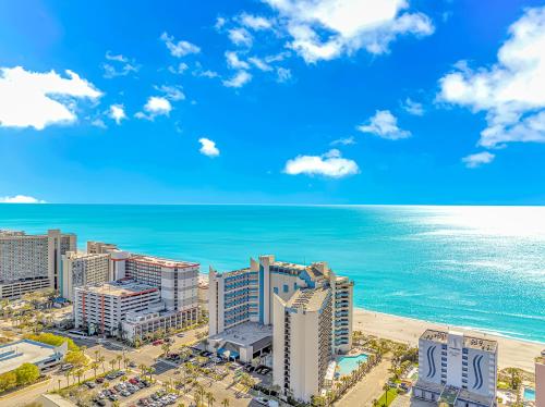 an aerial view of the beach and the ocean at Couples Retreat 409 in Myrtle Beach