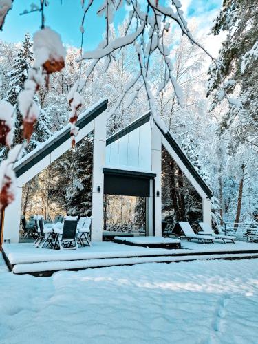 a group of chairs in the snow in front of a cabin at Bobrowa Ostoja in Łukta