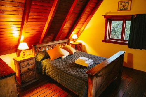 a bedroom with a bed in a cabin at CABAÑAS SOLO POR HOY in Villa Pehuenia