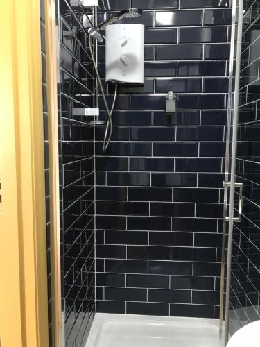 W łazience znajduje się prysznic wyłożony niebieskimi kafelkami oraz toaleta. w obiekcie Number 29 - Only Adults w mieście Shanklin