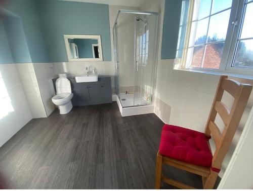 a bathroom with a shower and a toilet and a sink at Wellbet Farm in Lincoln