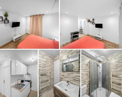 een kamer met een bed, een douche en een badkamer bij Essomes Prestige in Essômes-sur-Marne