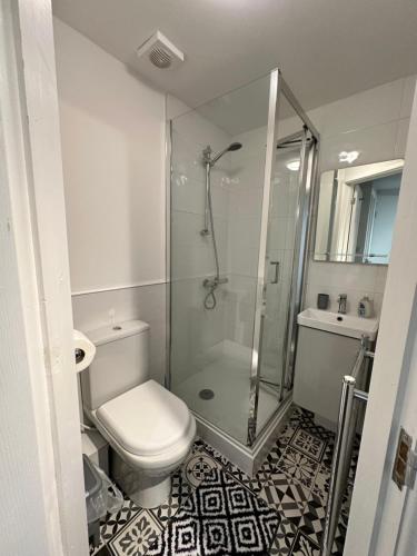 a bathroom with a shower and a toilet and a sink at Lovely Town house Room 5 in Parkside