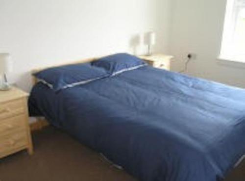 1 cama azul grande en un dormitorio con mesita de noche en Creich, en Dearg Phort