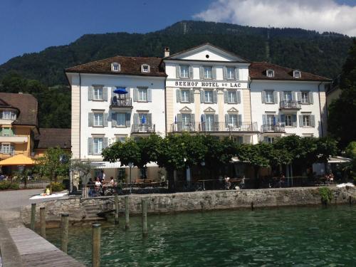 ein großes weißes Gebäude neben einem Wasserkörper in der Unterkunft Seehof Hotel Du Lac in Weggis