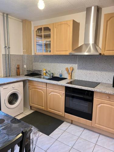 une cuisine avec un évier et une cuisinière four supérieur dans l'établissement CICONIA : CENTRE-VILLE MULHOUSE, PARC NOUVEAUX BASSINS A PROXIMITE, à Mulhouse