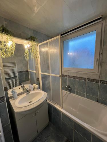 a bathroom with a sink and a tub and a window at CICONIA : CENTRE-VILLE MULHOUSE, PARC NOUVEAUX BASSINS A PROXIMITE in Mulhouse