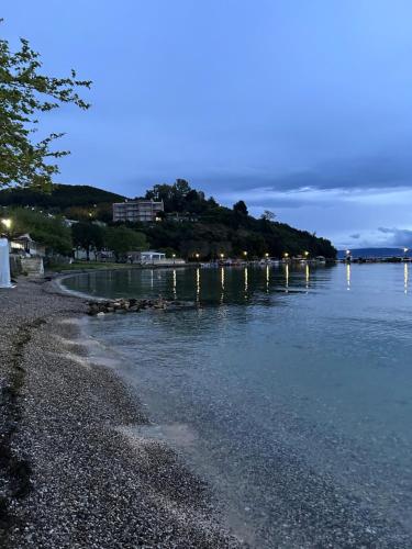 a view of a beach with a island in the water at Ambracian Gulf Comfort House in Menídion