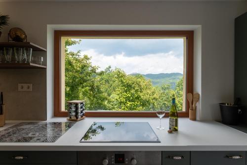 una cocina con una gran ventana con un glassinsula en Maravilla Nagymaros, en Nagymaros