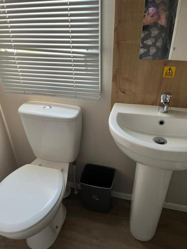 a bathroom with a white toilet and a sink at Lorraine's Caravan Holiday in Morecambe