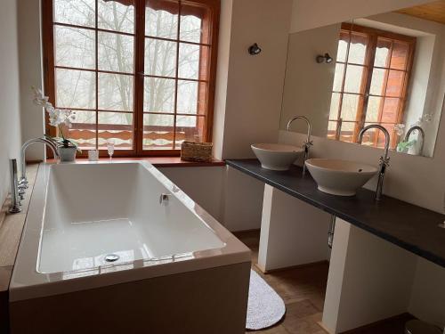 ein Badezimmer mit zwei Waschbecken und einer großen Badewanne in der Unterkunft Apartmány Telnice - Medorhof in Adolfov