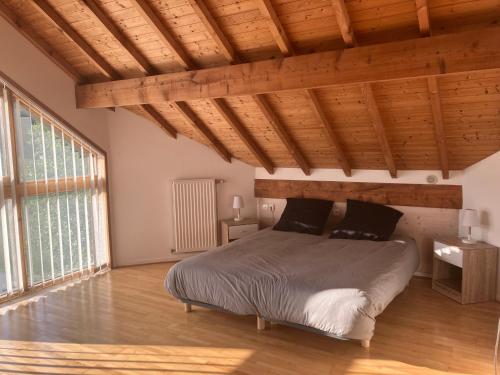 奧特朗的住宿－Superbe Maison d’Architecte au cœur du Vercors，一间带一张大床的卧室,位于一个拥有木制天花板的房间