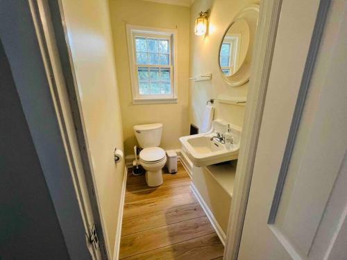 a bathroom with a toilet and a sink and a mirror at Lux 4 Bed Home w/ Parking Walk to Bethesda Metro! in Chevy Chase