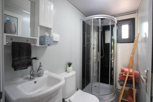 a bathroom with a shower and a toilet and a sink at Éco-Chic Bungalow by Bungazur in Saint-Joseph