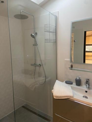 une salle de bain avec une douche en verre et un lavabo dans l'établissement Le Chatel- Entre terre et Mer- Proche Villers, à Danestal