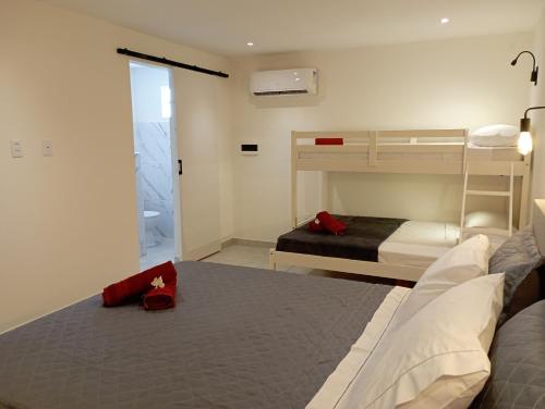 a bedroom with two bunk beds and a red bag on a bed at Pousada Casa Do Cocotier in São Miguel do Gostoso