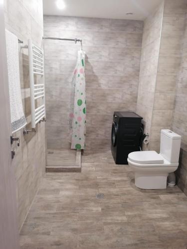 a bathroom with a toilet and a shower curtain at kechi house forest apart in Tsaghkadzor
