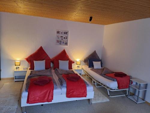 een slaapkamer met 2 bedden en rode kussens bij Ferien- und Business Wohnung in Mönsheim