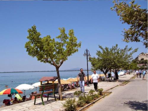 a group of people walking down a sidewalk near the water at Ambracian Gulf Comfort House in Menídion