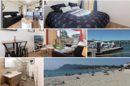 un collage de photos d'une chambre et d'une plage dans l'établissement Sweet Tamaris - Wifi - Host Provence, à La Seyne-sur-Mer