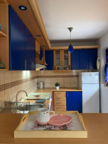 cocina con armarios azules y encimera en Garden Oasis Apartment en Veles