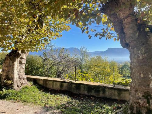two trees next to a stone wall with a view at Ancien domaine de Chartreux avec jacuzzi in Tullins