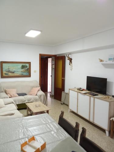 uma sala de estar com um sofá e uma televisão em Apartamento tradicional em Canet d'En Berenguer
