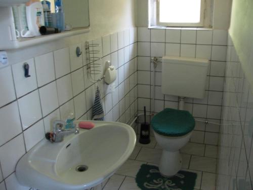 a bathroom with a sink and a toilet with a green seat at Bungalow in Altglietzen für 2 Personen und 1 Kind bis 6 Jahren in Altglietzen