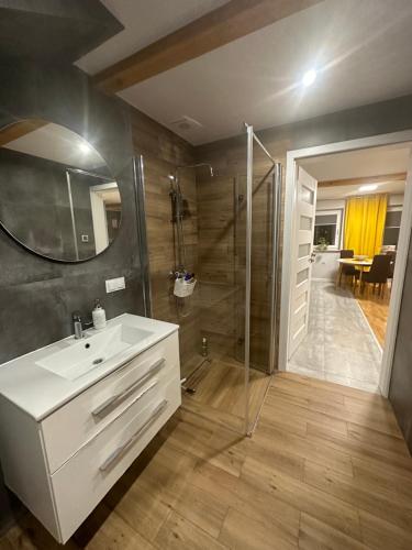 ein Badezimmer mit einem weißen Waschbecken und einer Dusche in der Unterkunft Apartament z widokiem I in Chełm