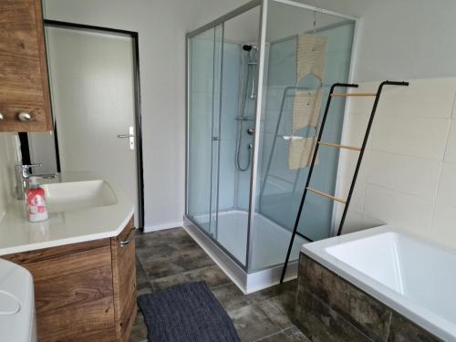 a bathroom with a glass shower and a sink at Friesenhaus1822 in Tettens in Wangerland