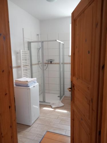 een badkamer met een glazen douche in de kamer bij Heideheimligkeit in Gelbensande