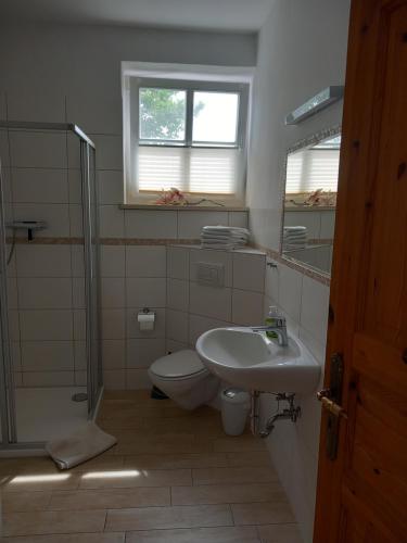 een badkamer met een toilet, een wastafel en een douche bij Heideheimligkeit in Gelbensande