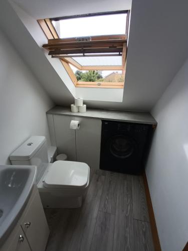 a bathroom with a toilet and a sink and a window at Entire modern cottage close to beach - Pet friendly in Gosport