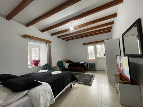 um quarto com uma cama e uma sala de estar em Boga Alpine Resort em Bogë