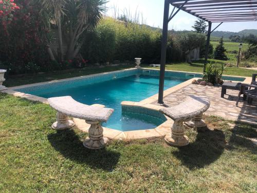 ein Pool mit zwei Steinbänken und einem Sonnenschirm in der Unterkunft GITE DE L'AUXINEILL in Castelnou