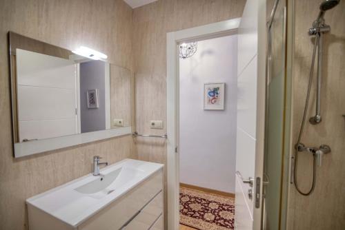 y baño con lavabo y ducha con espejo. en Céntrico Apartamento, en A Coruña