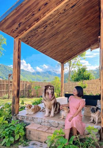 a woman sitting in a gazebo with three dogs at Mật Pet Farm - Mộc Châu in Mộc Châu
