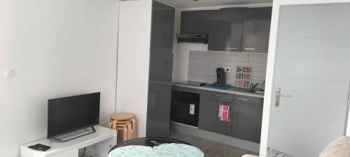 a small kitchen with black cabinets and a television at Appartement 2 pièces in Rive-de-Gier
