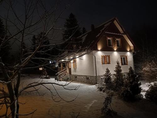 a house with lights on it in the snow at Villa Lupus - apartament z prywatną sauną in Szklarska Poręba