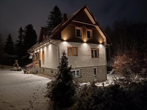 a house with lights on it in the snow at Villa Lupus - apartament z prywatną sauną in Szklarska Poręba
