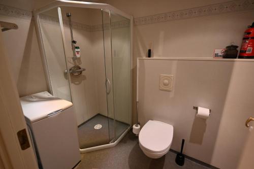 y baño con ducha y aseo. en One-room dorm with kitchenette, bath, bed 140x200 en Stavanger