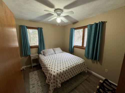 a bedroom with a bed and a ceiling fan at Lakeside Getaway with Hot Tub in Gaylord