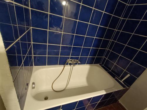 Chez Bichette Brignoles في برينيول: حوض استحمام في حمام به بلاط ازرق