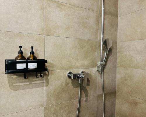 a shower with two bottles of wine on a shelf at Studio Apartment am Bodensee - modern und stilvoll in Ermatingen