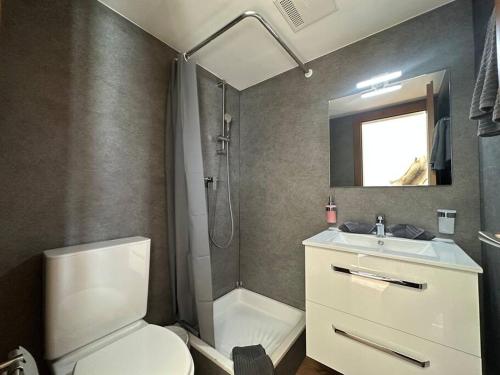 a bathroom with a toilet and a sink and a shower at Cozy loft for 2 near zermatt in Täsch